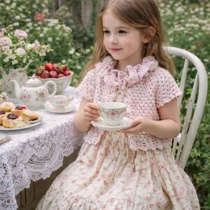 Handmade knitted/crocheted ruffle neck cottage style shrug